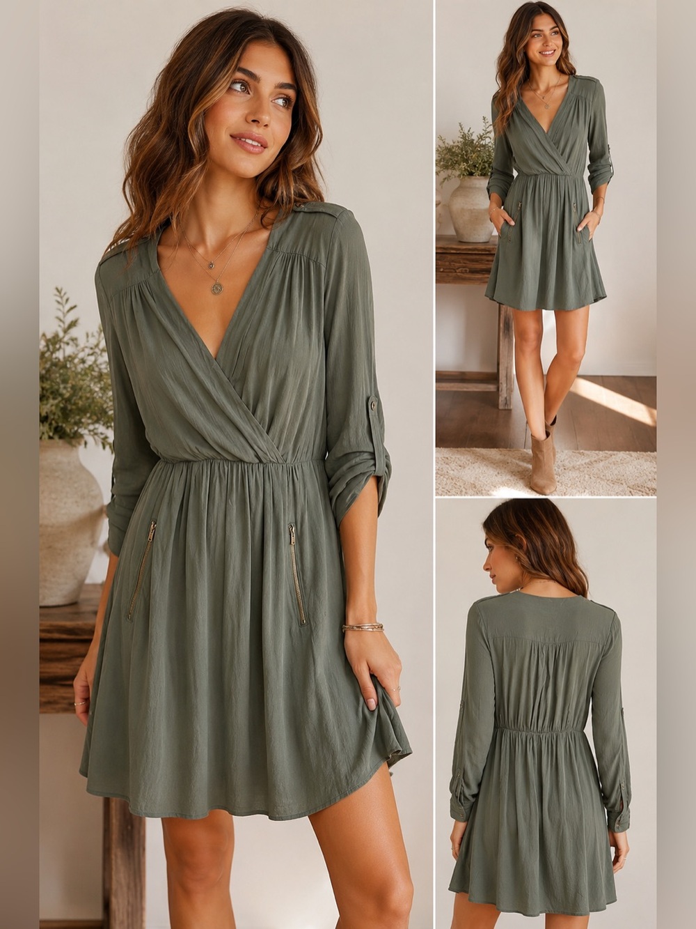 Maeve Anthropologie Sage Green Faux Wrap Utility Dress XS (15.5” ptp)